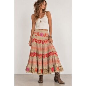 Basil & Maude Y2K Whimsi Embroidered Beaded Tiered Midi Maxi Skirt 4 Boho Fairy